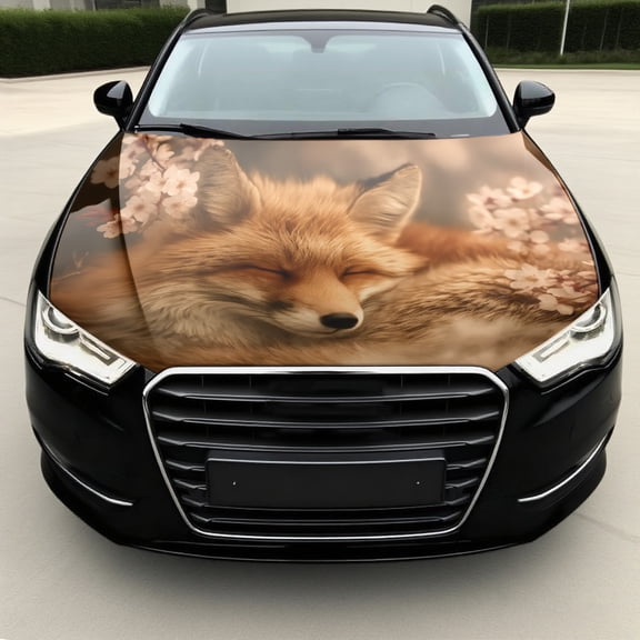 Lifelike Sleeping Fox & Floral Car Hood Wrap - Waterproof PVC/Vinyl Bonnet Sticker with Realistic Fox & Pink Cherry Blossoms Design, Easy Application for Sedans, SUVs, Trucks - Fit, Scratch-Resistant