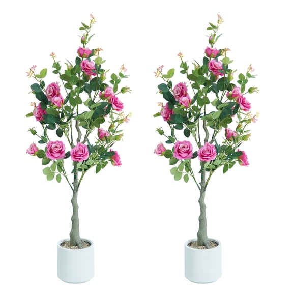 Lifelike & UV Resistant Artificial Rose Tree – 120cm Faux Plant with Silk Flowers & Plastic Leaves, White Pot, Easy Maintenance, Nordic Home/Office Décor