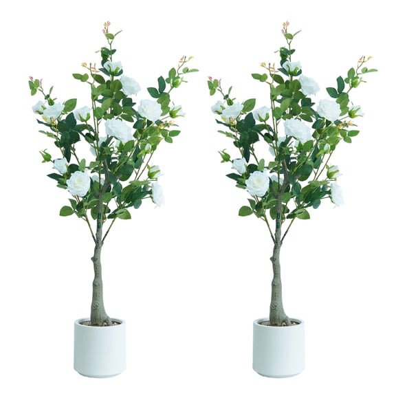 Lifelike & UV Resistant Artificial Rose Tree – 120cm Faux Plant with Silk Flowers & Plastic Leaves, White Pot, Easy Maintenance, Nordic Home/Office Décor