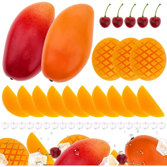 Lifelike Watermelon Slice Block Decoration Artificial Cherry Display Realistic Fake Ice Cube Fruit Set Garden Farmhouse Store 37pcs