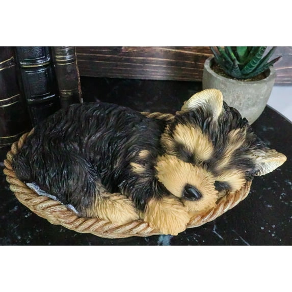 Lifelike Yorkshire Terrier Puppy Dog Sleeping In Wicker Basket Statue Yorkie Pet
