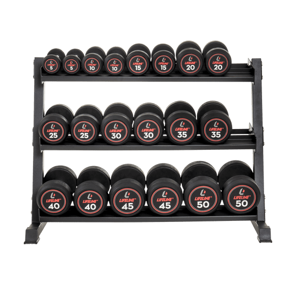 Lifeline 5 lb–50 lb (550 lb) Pro Round Dumbbell Set with 3-Tier Rack