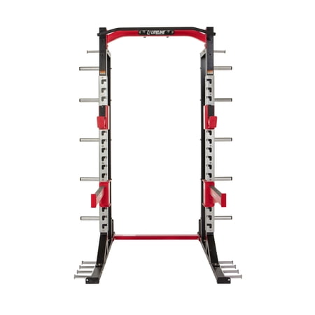 Lifeline First Aid Commercial Half Rack - 10 Olympic Plate Storage Horns, 4 Vertical Barbell Storage Tubes, Resistance Band Hooks, Multi-Grip Pull-Up Bar (Dip Station & Weights not included)