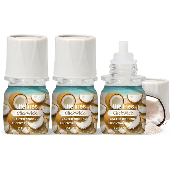 Lifelines ClickWick Essential Oil Blends for Lifelines Diffusers, 3-Pack Salted Coconut Set  Essential Oil Blend Refill for Candle, Plant & Shower Aromatherapy Diffuser  Fragrance for Diffusers