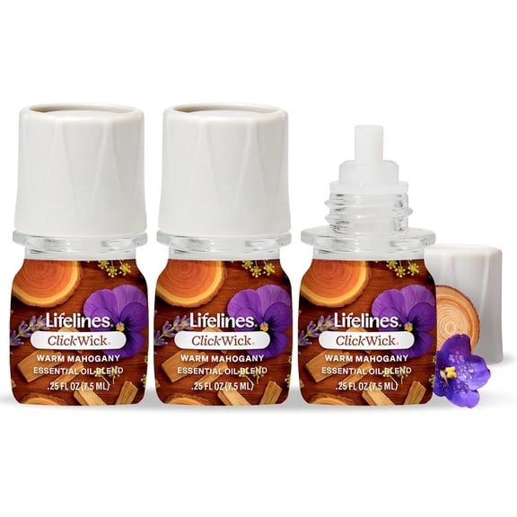 Lifelines ClickWick Essential Oil Blends for Lifelines Diffusers, 3-Pack Warm Mahogany Set  Essential Oil Blend Refill for Candle, Plant & Shower Aromatherapy Diffuser  Fragrance for Diffusers
