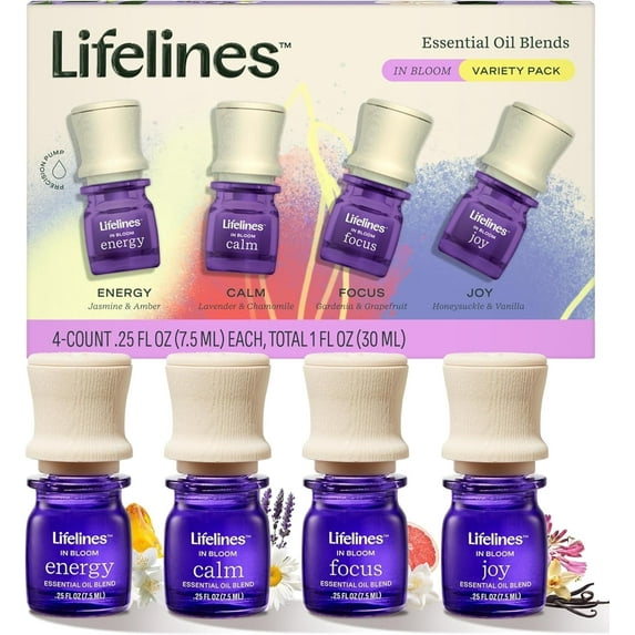 Lifelines In-Bloom Essential Oil Blend Discovery Set, Long-Lasting Scented Fragrance for Aromatherapy Diffusers, 4 Pack