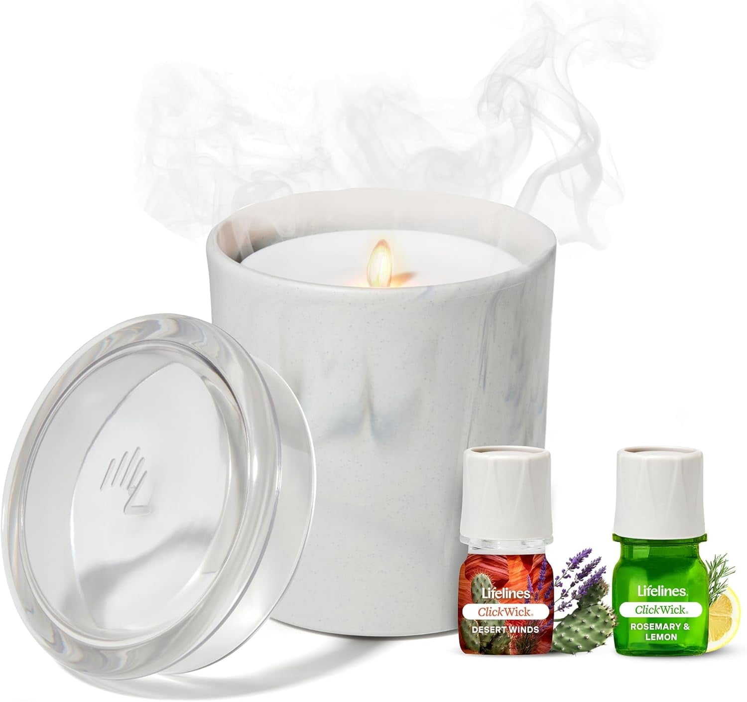 Lifelines Flameless Candle Essential Oil Diffuser Bundle with 2 ClickWick Essential Oil Blends, Marble