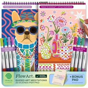 Lifelines FlowArt Activity Pad, 2-Pack & Bonus Pad - Guided Tracing Art Meditations with Markers - 8 Double-Sided Markers & 48 Scenes - Trace-to-Doodle Coloring Books for Tweens, Adults & Seniors
