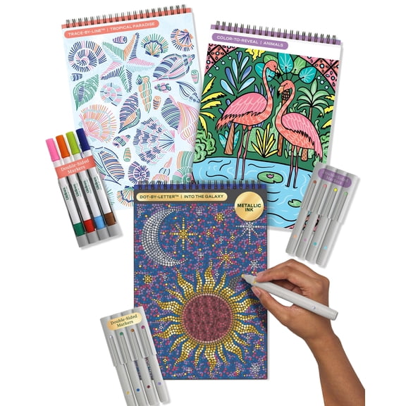 Lifelines FlowArt Activity Pad 3-Pack, Tropical Paradise, Animals & Into the Galaxy Guided Art Meditation Activity Pads