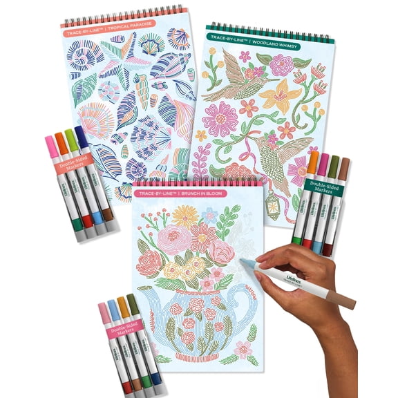 Lifelines FlowArt Activity Pad 3-Pack: Tropical Paradise, Woodland Whimsy & Brunch in Bloom Guided Art Meditation Activity Pads