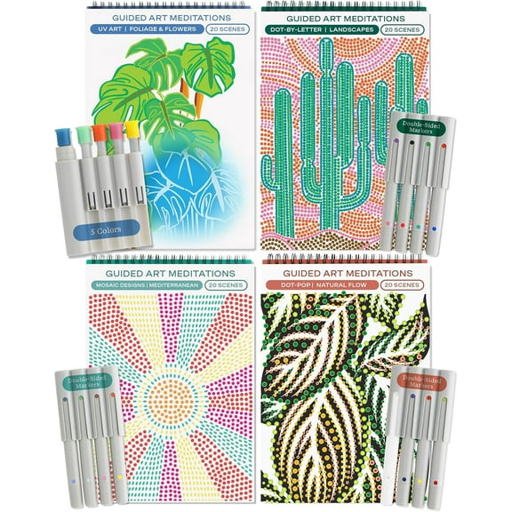 Lifelines FlowArt Activity Pad for Teens, Seniors & Adults, UV, Dot-by-Letter, Mosaic, & Dot-Pop Coloring Books, 4 Pack