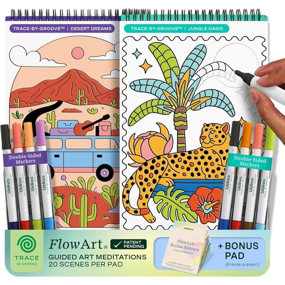 Lifelines FlowArt Activity Pads, 2-Pack & Bonus Pad - Guided Tracing Art Meditations with Markers - 8 Double-Sided Markers & 48 Scenes - Trace-by-Groove Coloring Books for Tweens, Adults & Seniors