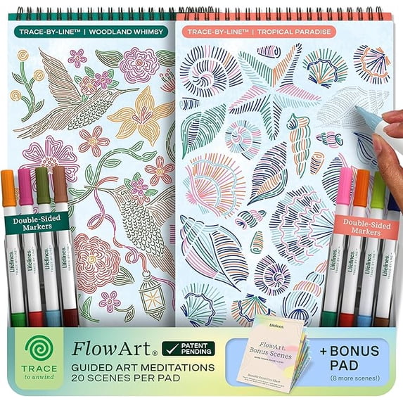 Lifelines FlowArt Activity Pads, 2-Pack & Bonus Pad - Guided Tracing Art Meditations with Markers - 8 Double-Sided Markers & 48 Scenes - Trace-by-Line Coloring Books for Tweens, Adults & Seniors