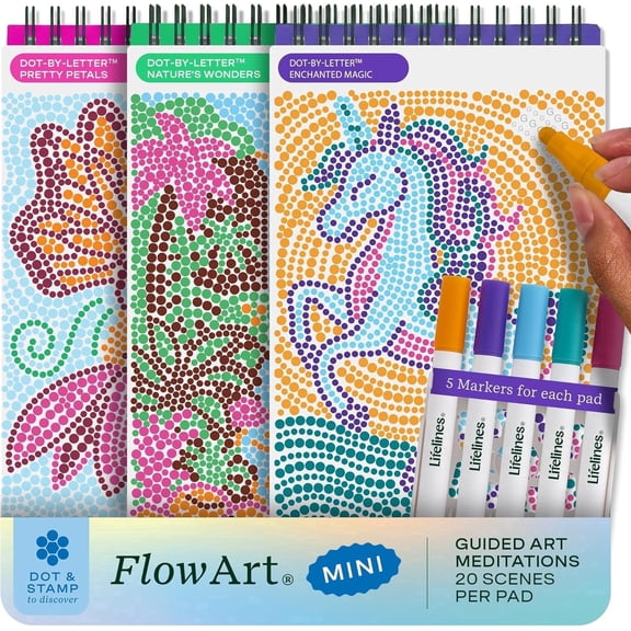 Lifelines FlowArt Mini Activity Pads, 3-Pack, Guided Dot-by-Letter Art Meditations, 5 Double-Sided Markers & 60 Scenes, Coloring Books for Tweens, Adults & Seniors