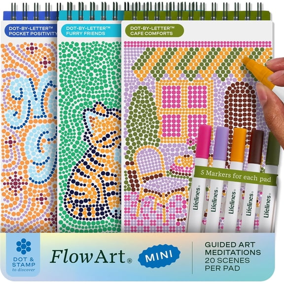 Lifelines FlowArt Mini Activity Pads, 3-Pack, Guided Dot-by-Letter Art Meditations, 5 Double-Sided Markers & 60 Scenes, Coloring Books for Tweens, Adults & Seniors
