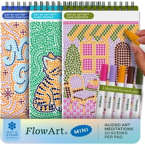 Lifelines FlowArt Mini Activity Pads, 3-Pack, Guided Dot-by-Letter Art Meditations, 5 Double-Sided Markers & 60 Scenes, Coloring Books for Tweens, Adults & Seniors
