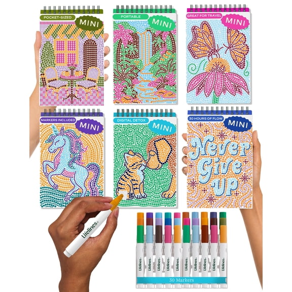 Lifelines FlowArt Mini Activity Pads, 6-Pack, Dot-by-Letter Coloring Books: Floral, Nature, Fantasy, Mythical, Animals & Inspirational Quotes