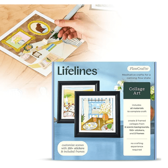 Lifelines FlowCrafts, Collage Art Kit - Miniature Framed Collages from 6 Scenic Backgrounds, 150+ Stickers & 2 Picture Frames - Sensory Arts & Crafts Kit for Teens & Adults - DIY Wall Décor
