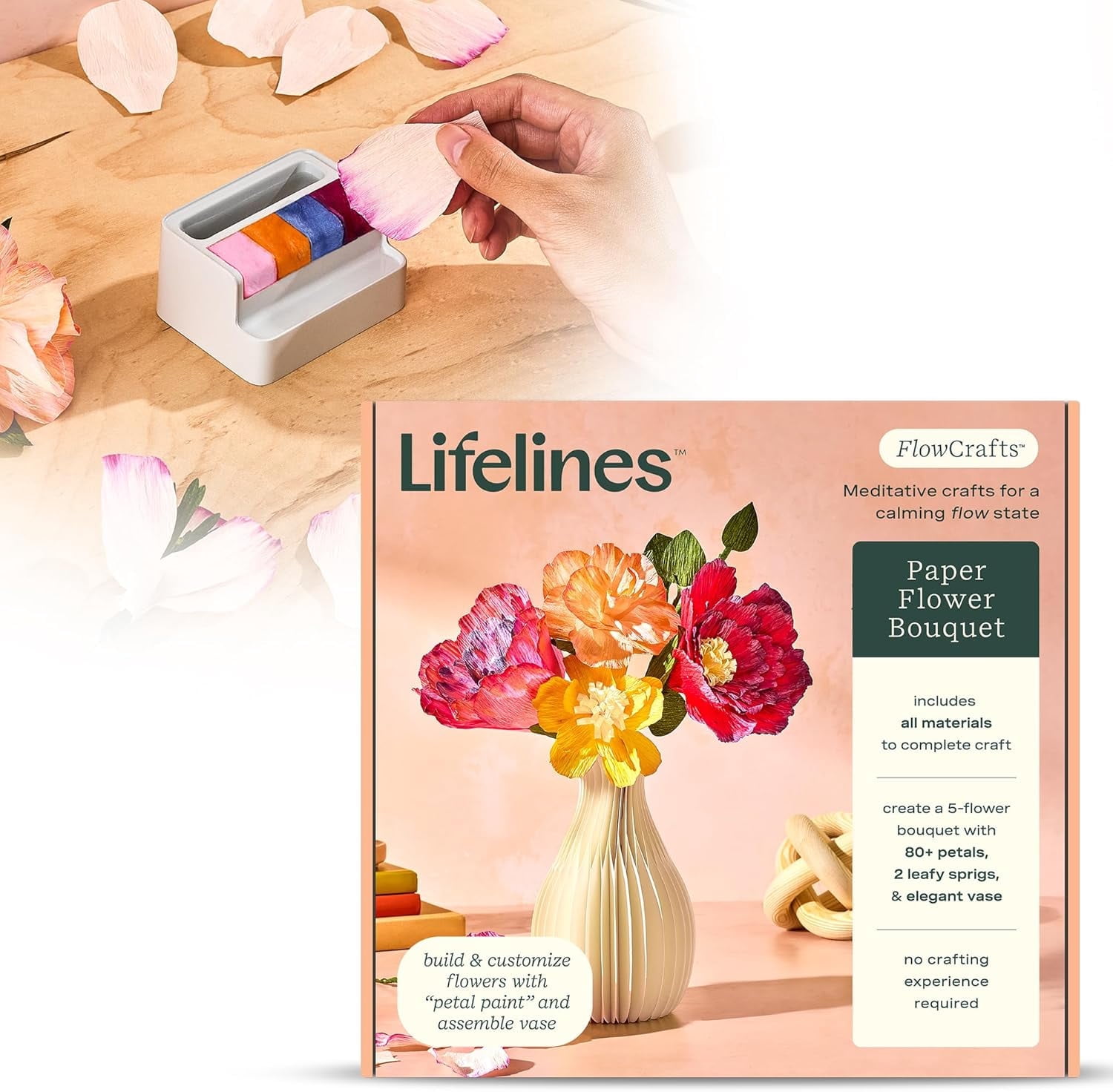 Lifelines FlowCrafts Paper Flower Bouquet Sensory Craft Kit for Teens & Adults, 5-Flower Bouquet with 80+ Petals, 2 Leafy Sprigs & Elegant Vase