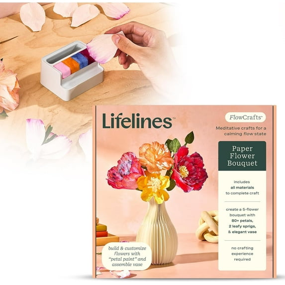 Lifelines FlowCrafts Paper Flower Bouquet Sensory Craft Kit for Teens & Adults, 5-Flower Bouquet with 80+ Petals, 2 Leafy Sprigs & Elegant Vase