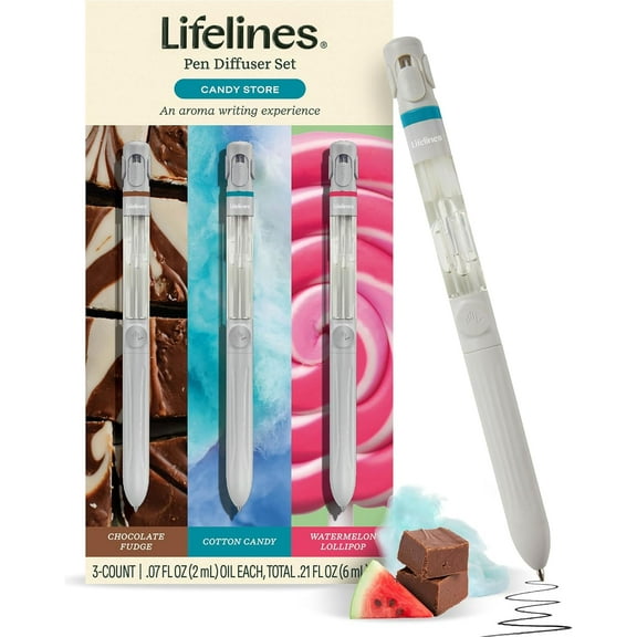 Lifelines Candy Store Scented Pen Diffuser Set, 1mm Black Ballpoint Pens with Scented Essential Oil Blends, 3 Pack