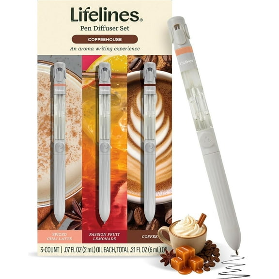 Lifelines Coffeehouse Scented Pen Diffuser Set, 1mm Black Ballpoint Pens with Scented Essential Oil Blends, 3 Pack