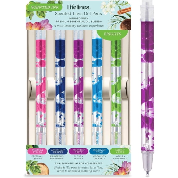 Lifelines Brights Scented Lava Gel Pen Set, 0.5mm Colored Gel Pens Infused with Scented Essential Oil Blends, 5 Pack
