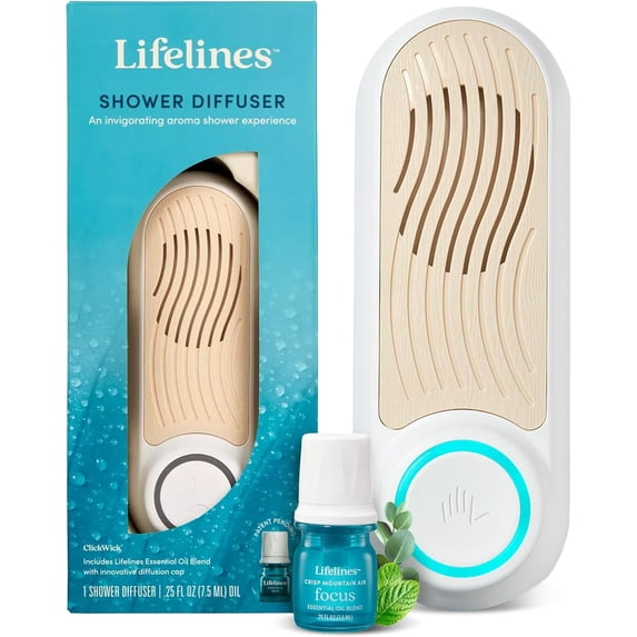 Lifelines Wall-Mounted Essential Oil Shower Diffuser, for Home Spa Experience, Auto Shut-Off Feature, includes ClickWick Essential Oil Blend Included