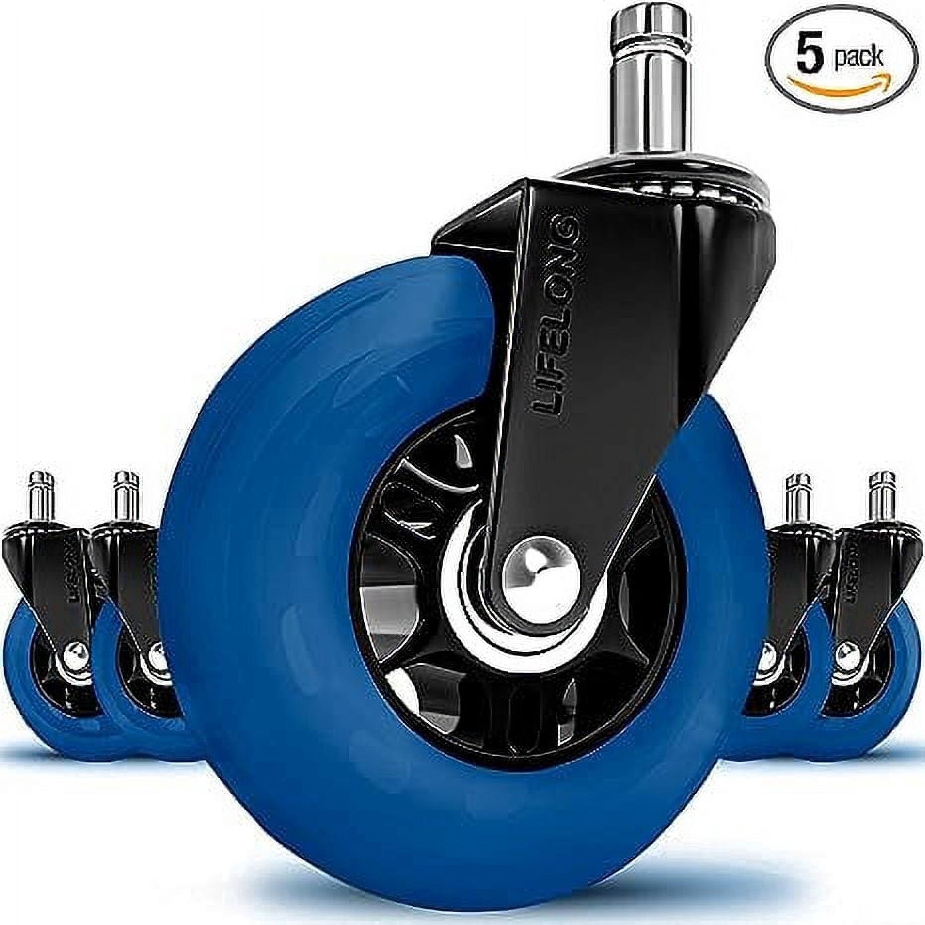 Lifelong Office Chair Replacement Caster Wheels, 7/16" x 7/8" Stem, Industrial Steel and PU, Rollerblade Design, Smooth Rolling for Wood and Tile Floors, Set of 5
