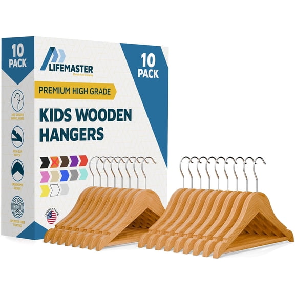 Lifemaster 10-Pack Natural Wooden Kids Hangers, 11.8" Toddler & Baby Hangers with 360° Swivel Hook, Pants Bar & Notches, Space-Saving Design, Ages 0–8