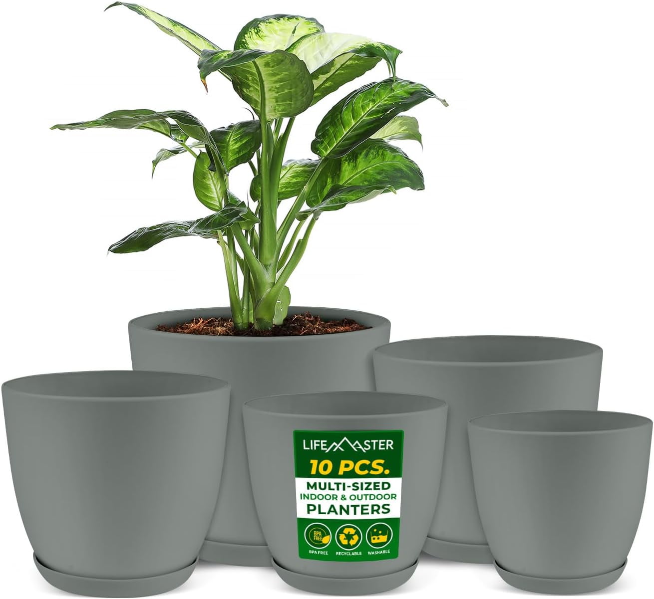 Lifemaster 10-Piece Gray Planter Pots with Drainage - Lightweight, Durable, Space-Saving Design for Indoor/Outdoor Use