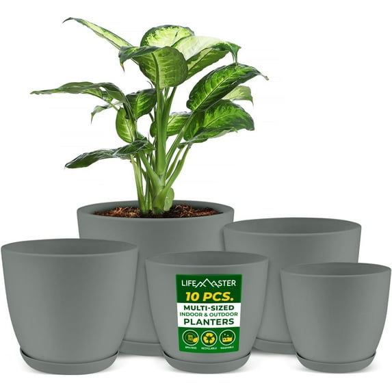 Lifemaster 10-Piece Gray Planter Pots with Drainage - Lightweight, Durable, Space-Saving Design for Indoor/Outdoor Use