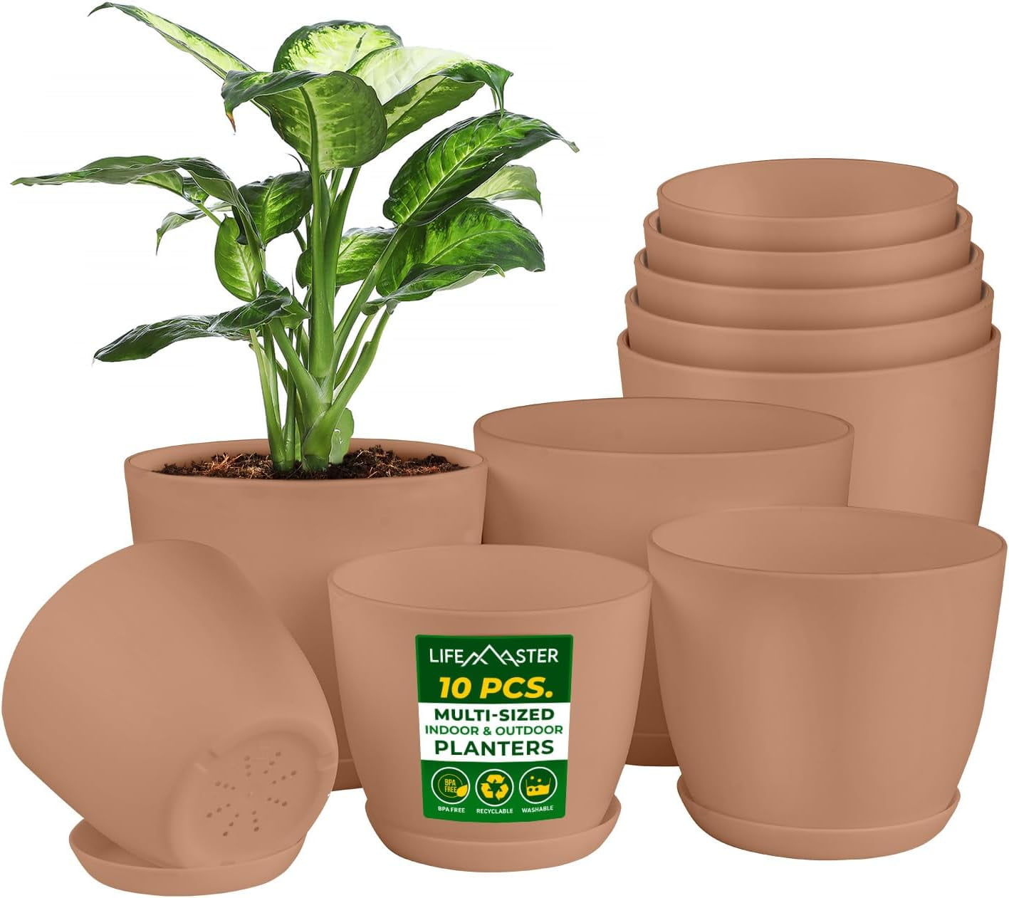Lifemaster 10-Piece Pink Planter Pots with Drainage - Lightweight, Durable, Space-Saving Design for Indoor/Outdoor Use