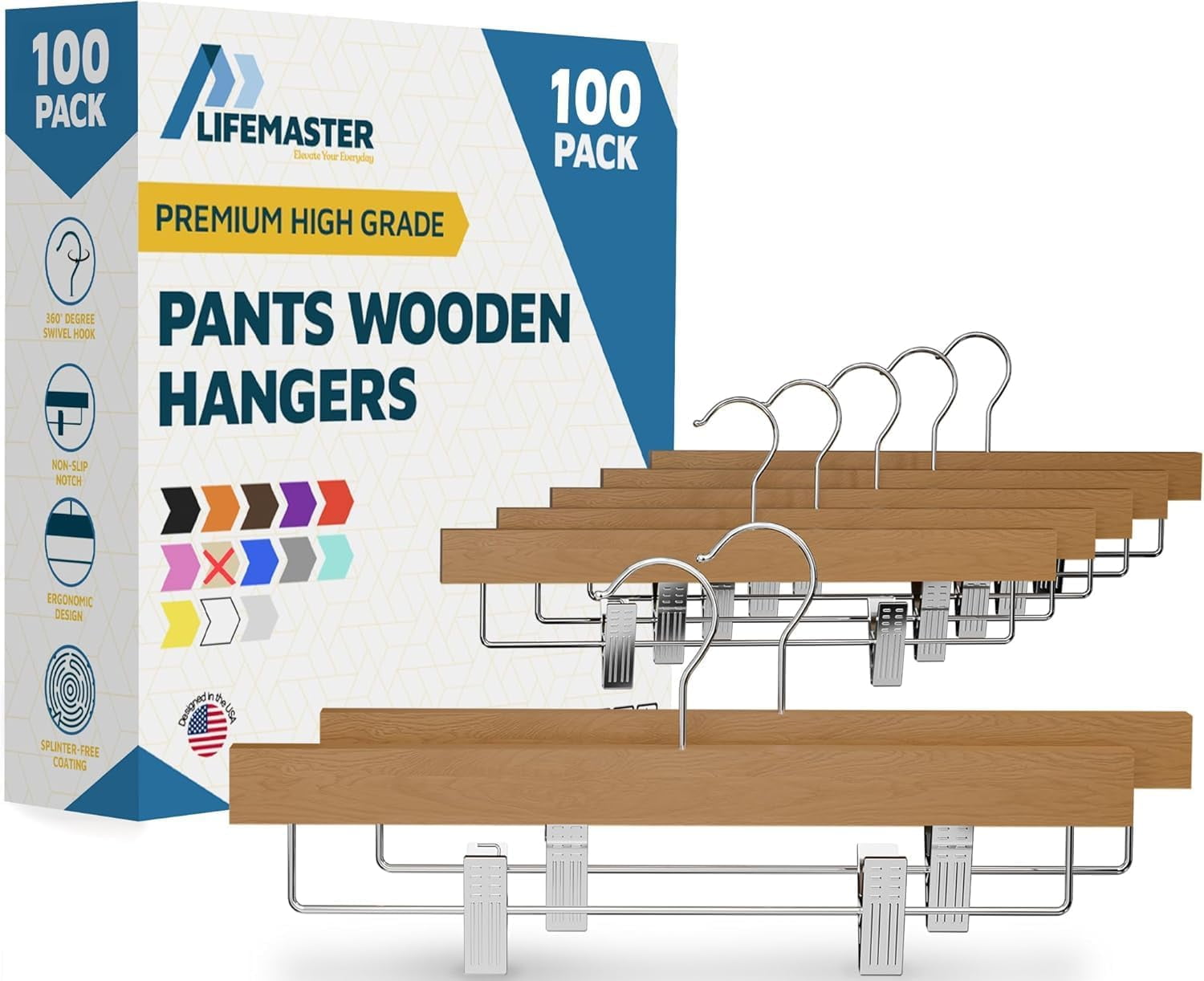 Lifemaster 100-Pack Wooden Pants Hangers with Adjustable Non-Slip Clips, 360° Swivel Hook & Slim Design for Slacks, Jeans and Skirts