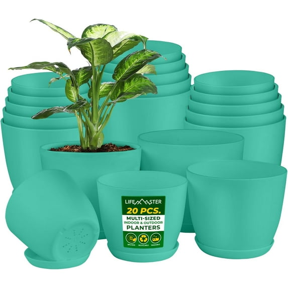 Lifemaster 20-Piece Aqua Planter Pots with Drainage - Lightweight, Durable, Space-Saving Design for Indoor/Outdoor Use