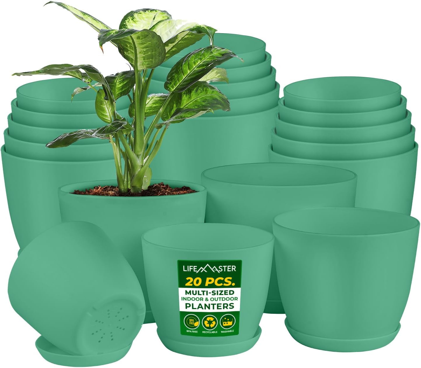 Lifemaster 20-Piece Mint Planter Pots with Drainage - Lightweight, Durable, Space-Saving Design for Indoor/Outdoor Use