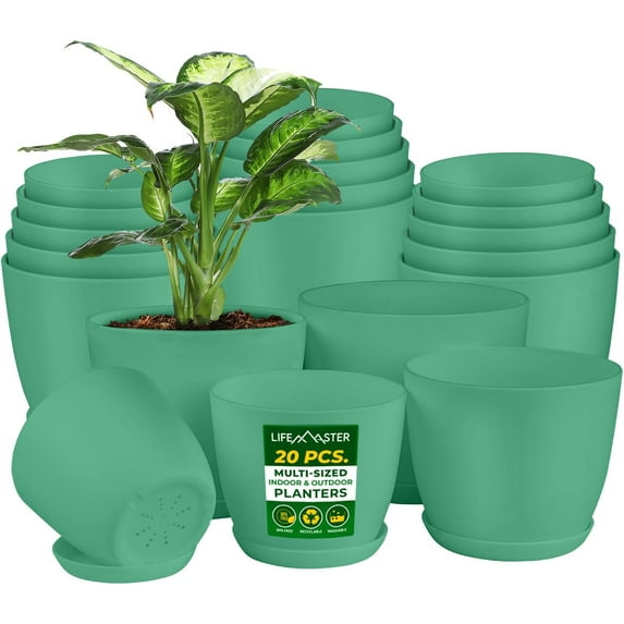 Lifemaster 20-Piece Mint Planter Pots with Drainage - Lightweight, Durable, Space-Saving Design for Indoor/Outdoor Use
