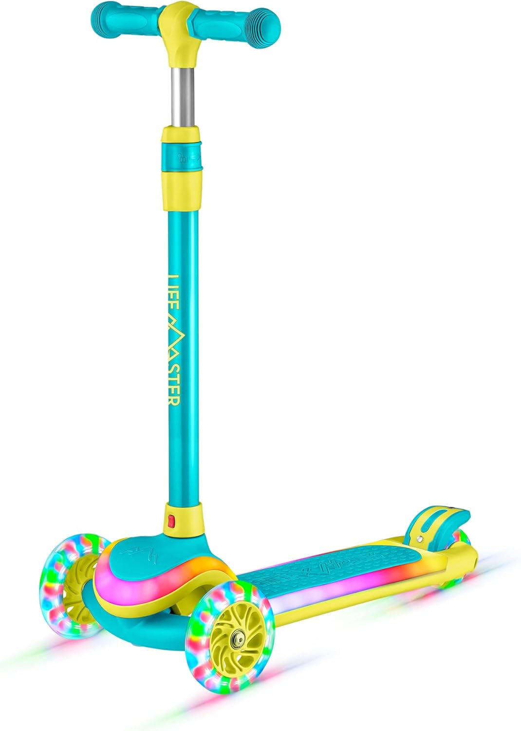 Lifemaster 3-Wheel Kids Scooter with Multi-Color Lights on Deck & Wheels – 5-Height Handlebar, Wide Anti-Slip Deck, Child Safety Certified, Boys & Girls Ages 3+ Supports Up to 150 lbs, Aqua Yellow