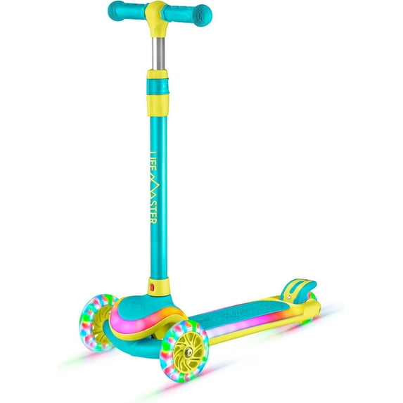 Lifemaster 3-Wheel Kids Scooter with Multi-Color Lights on Deck & Wheels – 5-Height Handlebar, Wide Anti-Slip Deck, Child Safety Certified, Boys & Girls Ages 3+ Supports Up to 150 lbs, Aqua Yellow