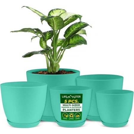 Lifemaster 5-Piece Aqua Planter Pots with Drainage - Lightweight, Durable, Space-Saving Design for Indoor/Outdoor Use