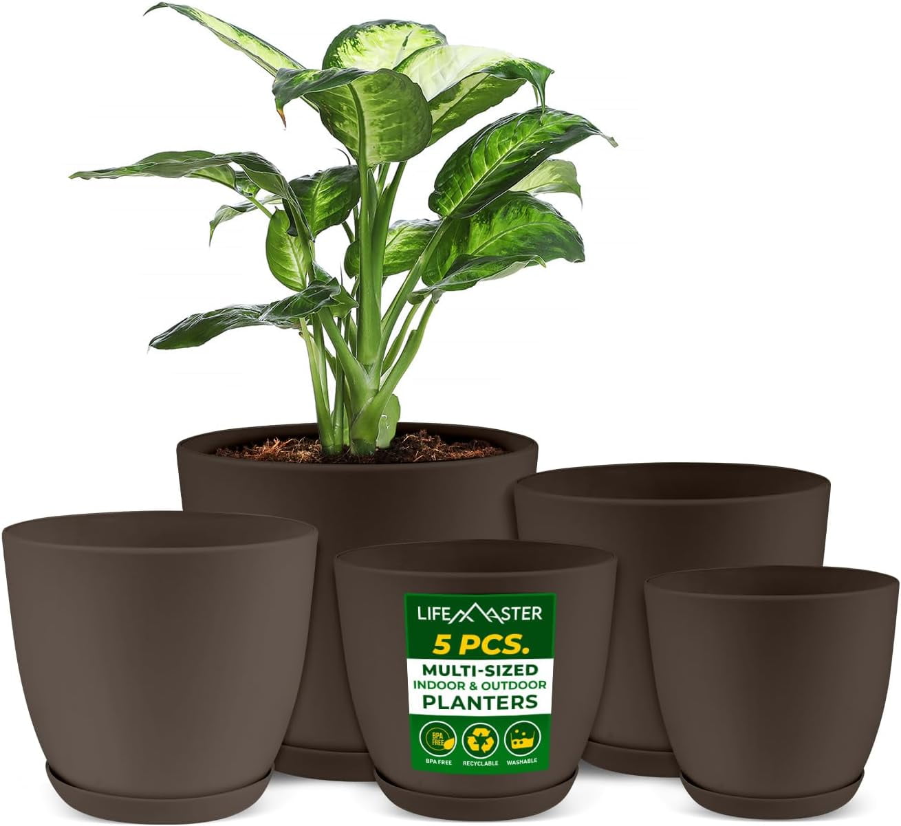 Lifemaster 5-Piece Brown Planter Pots with Drainage - Lightweight, Durable, Space-Saving Design for Indoor/Outdoor Use