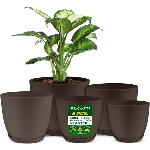 Lifemaster 5-Piece Brown Planter Pots with Drainage - Lightweight, Durable, Space-Saving Design for Indoor/Outdoor Use
