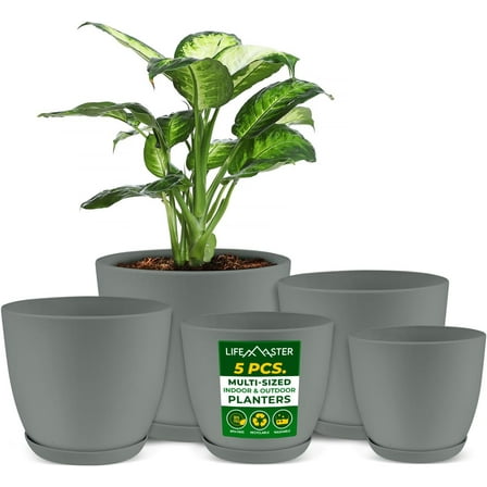 Lifemaster 5-Piece Gray Planter Pots with Drainage - Lightweight, Durable, Space-Saving Design for Indoor/Outdoor Use