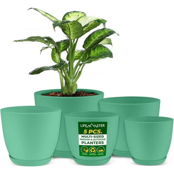 Lifemaster 5-Piece Mint Planter Pots with Drainage - Lightweight, Durable, Space-Saving Design for Indoor/Outdoor Use