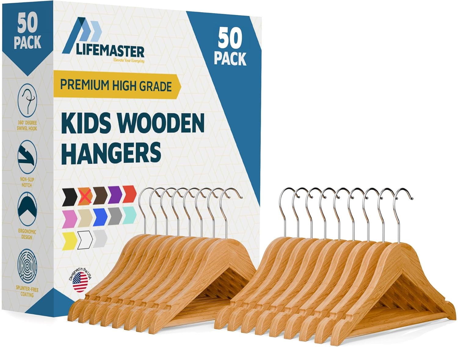 Lifemaster 50-Pack Natural Wooden Kids Hangers, 11.8" Toddler & Baby Hangers with 360° Swivel Hook, Pants Bar & Notches, Space-Saving Design, Ages 0–8