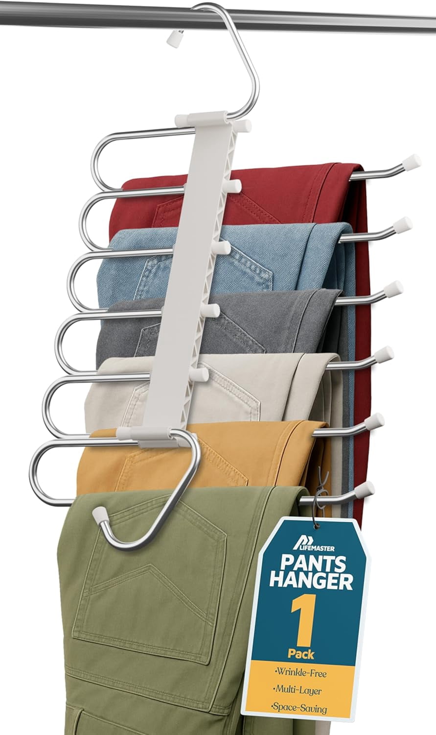 Lifemaster 6-Layer Space Saving Pants Hanger 1 Pack, S-Type Stainless Steel Closet Organizer for Jeans, Pants, Skirts & Scarves, Anti-Slip, White