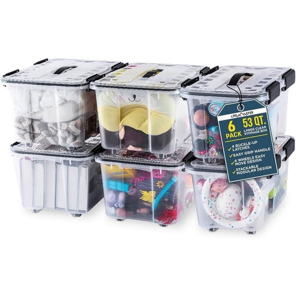 Lifemaster 6-Pack 53QT Stackable Storage Boxes - Clear Plastic, Black Seal, Modular Design, Secure Latches, Easy-Move Wheels & Pull-Out Base for Ultimate Home Organization