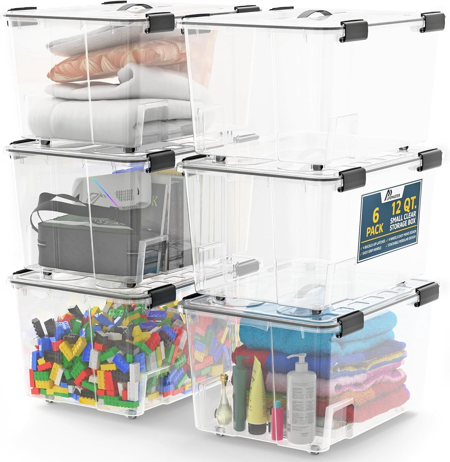 Lifemaster 6-Piece Stackable Storage Box Set, 12 Qt – Clear Bins with ...