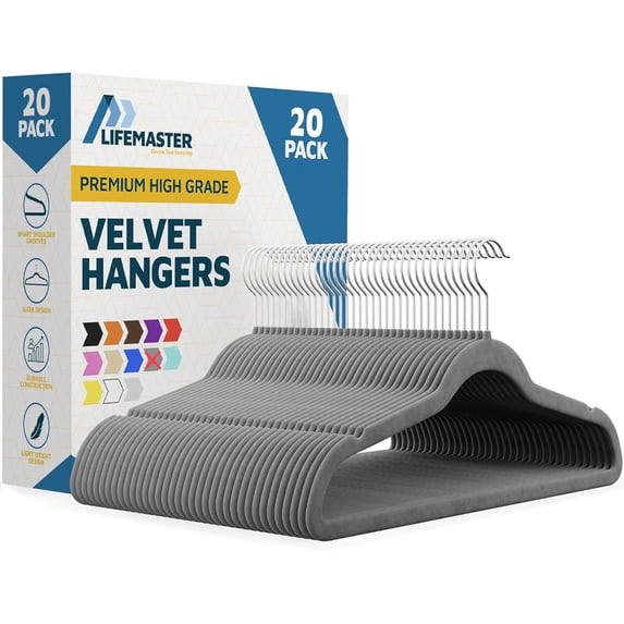 Lifemaster Velvet Clothes Hangers – With 360 Degree Swivel Hook and Non-Slip Shoulder Notch, Holds Up To 10 lbs, Heavy Duty Hanger Set, For Organizing Suit, Dress, Coat, and Clothes, Pack of 20, Gray