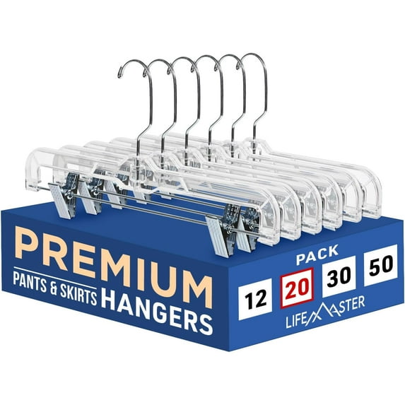 Lifemaster Clear Plastic Hangers - 20 Pieces 14 Inches Anti-Slip Space-Saving, Closet Organization Solution - Pants, Trousers, Skirts, Jeans Hangers with 360° Swivel Hook and Adjustable Clips - Clear